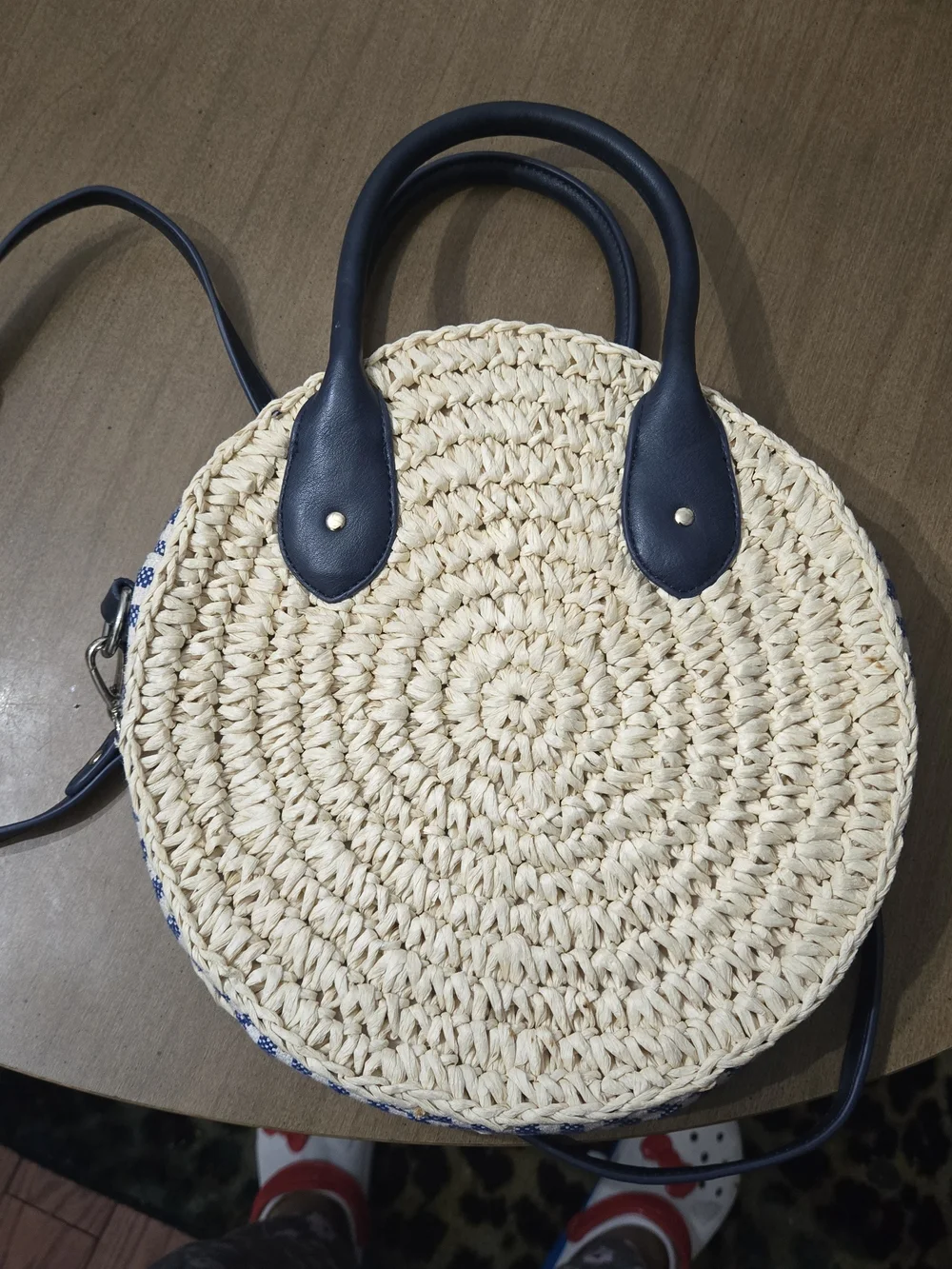 Talbots Round Straw Crossbody with Navy Trim and Handles